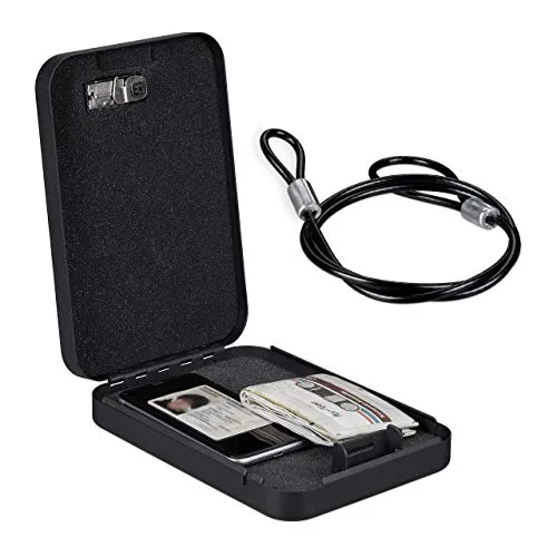 Relaxdays Autosafe mit Zahlenschloss, mobil, mit Sicherungskabel, Mini Tresor, Stahl, HxBxT: 4,5 x 17 x 24 cm, schwarz