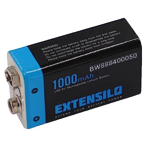 EXTENSILO 9V-Akku Block für Diverse Geräte (1000mAh, 9V, Li-Ion), Ready-to-use, mit Micro USB Buchse