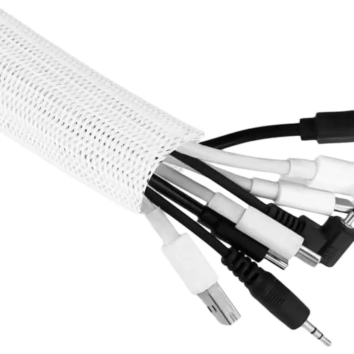 QWORK® Kabelschlauch 2m, 25-39mm Selbstrollendes Geflochtenes Kabelummantelungsrohr, Kabelmanagement Weiß, für Schreibtisch, TV, Computer