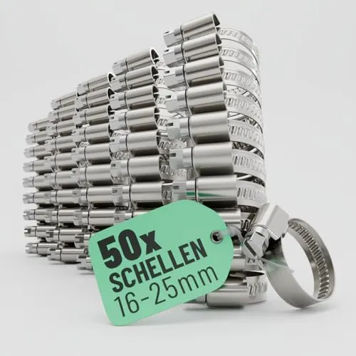 greate 50x Schlauchschellen Edelstahl 16-25 mm - Einstellbare Schlauchschelle mit 9 mm Bandbreite - Rohrschelle rostfrei - Schellen für Pool, Teich, Waschmaschine uvm - Schraubschellen Edelstahl 304
