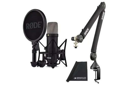 RØDE NT1 Signature Black Mikrofon mit PSA-1+ Gelenkarm - Großmembran-Kondensatormikrofon für Studioaufnahmen, extrem niedriges Eigenrauschen von nur 4 dBA und inkl. Deluxe-Spinne mit Popschutz für professionelle Klangqualität.