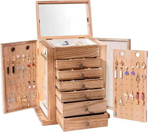ProCase Schmuckkästchen Groß aus Holz mit 7 Ebenen - Elegante Schmuckaufbewahrung mit 7 Ebenen für Ringe, Ohrringe und mehr. Edles Design mit Spiegel und praktischen Schubladen für optimale Organisation.