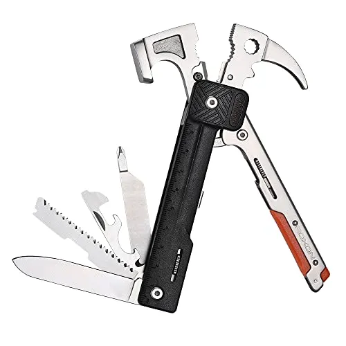ROXON 16 in One Tools Hammer Multitool mit Feuerstein, auswechselbarem Messer, Bestes Campingzubehör mit Zange, Messer, Flaschenöffner, Säge, Lineal für Männer