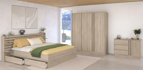 Parisot Schlafzimmer-Set (4-tlg) - Stilvolles Betten-Set mit viel Stauraum und drehbaren Einsätzen in Eiche oder Weiß, ideal für moderne Schlafzimmer.