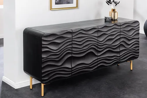 riess-ambiente Sideboard WAVE 160cm schwarz/gold - Massives Sideboard mit Wellen-Front, elegantes Retro-Design und viel Stauraum für Geschirr und Bücher, perfekt für Wohnzimmer und Esszimmer.