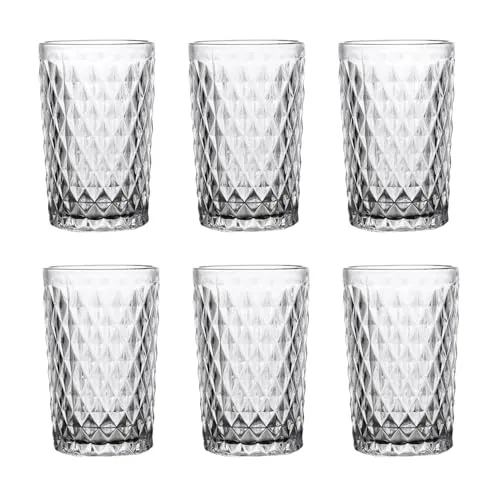 Vintage 6er-Set Farbige Weingläser und Trinkgläser mit Diamant Muster (Netz Klar Trinkglas), Longdrinkgläser, Cocktail Gläser mit Prägung, Glas, Trinkglas, Weinglas, Wasserglas, Glaskelche