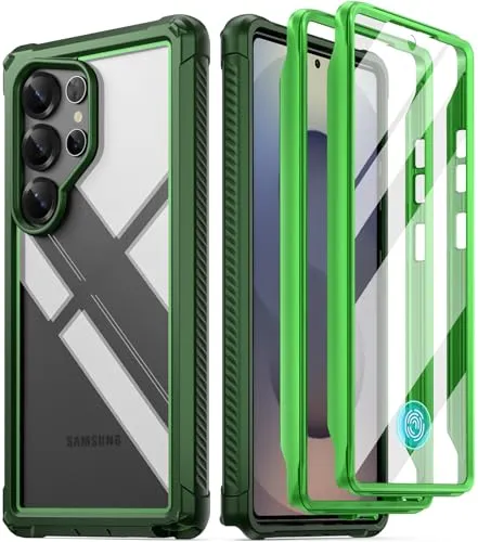 Poetic Guardian Hülle für Samsung Galaxy S25 Ultra 5G, 6M Falltest gemäß Militärstandard, integrierter Displayschutz und Fingerabdruck-ID, robuste stoßfeste Ganzkörperhülle, Grün/Klar