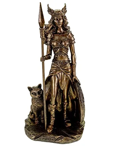 Kremers Schatzkiste Freya Figur - Sammlerfigur der germanischen Göttin Freya in Rüstung, 33 cm groß, detailreiche Polyresin-Statue mit Speer und Schild für eine mystische Atmosphäre.
