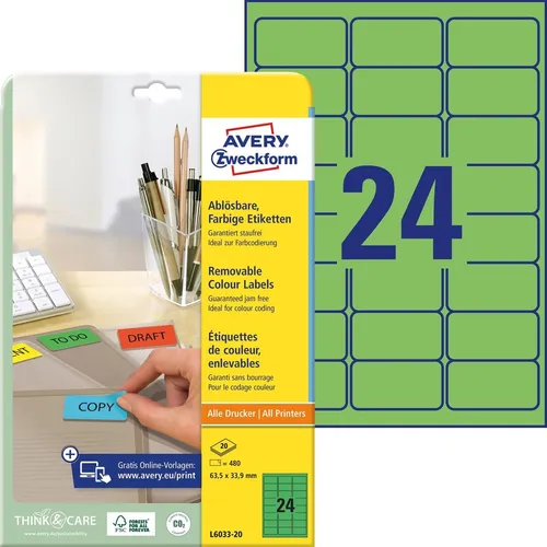AVERY L6033-20 Zweckform Universal Etiketten 63,5 x 33,9 mm grün 480 Etikette