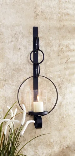 Kerzenhalter Wand Schwarz 52 cm hoch aus Eisen Glas dekorativ Rustikal Kerzen