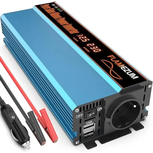 FLAMEZUM 1000W/2000W Wechselrichter 12V auf 230V Reiner Sinus Spannungswandler Pure Sine Wave Inverter mit 1 EU Steckdose und 2 USB-Ports (3.4A) für Auto, Wohnmobil, Camping