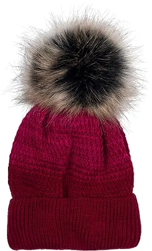 styleBREAKER Damen Strick Bommelmütze mit Farbverlauf und Fleece Futter, Winter Fellbommel Mütze, Strickmütze 04024205, Farbe:Bordeaux-Pink