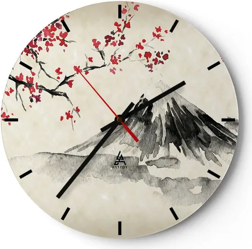 Wanduhr - Rund - Glasuhr - Aquarell asiatisch Landschaft - 30x30cm - Schleichendes Uhrwerk - Lautlos - zum Aufhängen bereit - Dekoration Modern - Wanddekoration aus Glas - C3AR30x30-4513