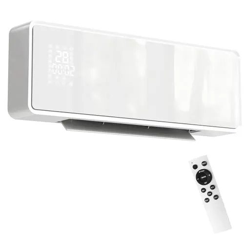 HOMCOM Wand Heizlüfter 2000W Wandheizgerät mit 2 Leistungsstufen, 3 Betriebsarten, LED-Display, Thermostat, Timer Wandheizung mit Fernbedienung, Oszillation, Fenster-Erkennung und Glasfront, Weiß