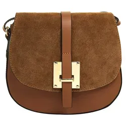 Umhängetasche CLUTY Damen, Echt Leder Made in Italy, Cognac - Elegante Handtasche aus 100% Rindleder mit glamourösen goldenen Details, ideal für stilbewusste Frauen. Maße: 22cm x 20cm x 6cm, praktischer Magnetverschluss und verstellbarer Tragegurt.