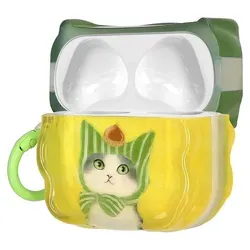 kwmobile In-Ear Kopfhörer Case für Apple AirPods 3 Hülle mit Karabiner - Headphones Case - Earphones Cover Etui - Katze & Kastanie - Grün