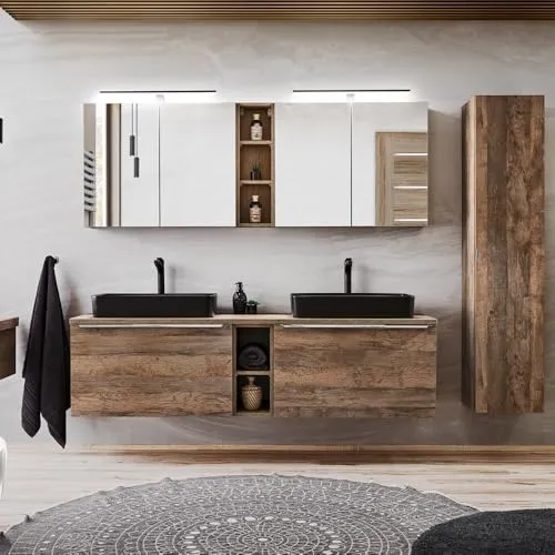 Lomadox Badmöbel-Set PUEBLA-56: Doppel-Waschtisch mit LED-Spiegelschränken - Badmöbel-Set in Vintage Oak Nb. mit 2 Waschbecken, Softclose-Funktion und stimmiger LED-Beleuchtung für ein modernes, gemütliches Badambiente.