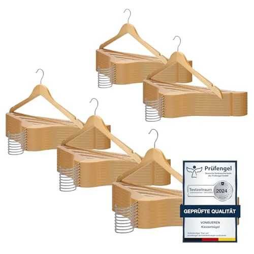 VonBueren 50 x Kleiderbügel Holz | 44,5 x 22 cm je Bügel/Holzbügel | Holzkleiderbügel | 360 Grad drehbar | Hangers Clothes Wooden