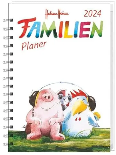 Helme Heine Familienplaner Buch A6 2024. Familienkalender mit 4 Spalten. Liebevoll illustrierter Buch-Kalender mit Einstecktasche und Schulferien. Terminplaner mit 160 Seiten. (Helme Heine Kalender)