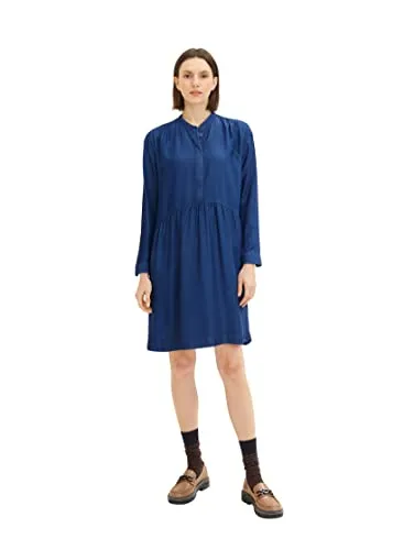 TOM TAILOR Damen Jeanskleid 1035224 mit Knopfleiste, Clean Mid Stone Blue, Größe 42 - Elegantes, langärmliges Jeanskleid mit verdeckter Knopfleiste und Faltendetail. Ideal für diverse Anlässe und aus weichem Denim für hohen Tragekomfort.
