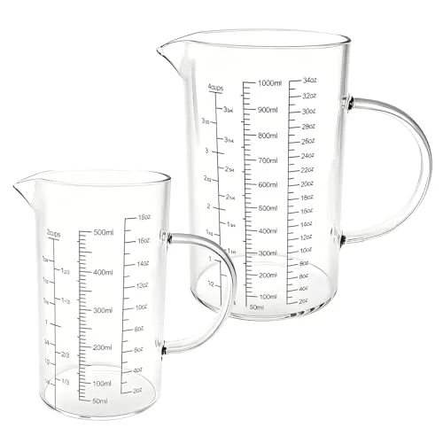 Messbecher Set,Messbecher Glas 500ml + 1L, Mit 3 Messskalen (Ml/Oz/Tassen),Präzise Skala,Mikrowellengeeignet,für Backen Kochen und Mischen,Enthält 2 Rührstäbe