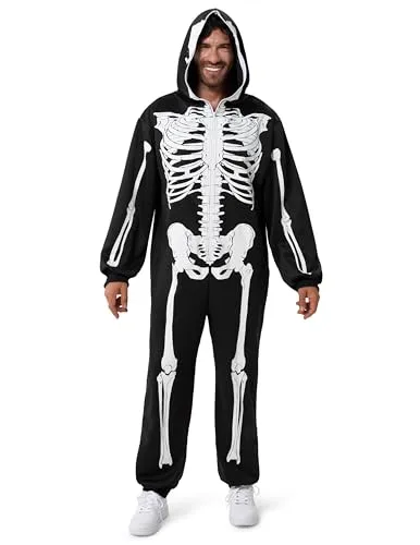 Spooktacular Creations Skelettkostüm – Plüsch-Skelett-Pyjama für Erwachsene, Herren, mit Reißverschluss, Halloween-Overall für Mottopartys (L) Schwarz