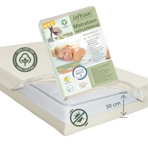 Softsan Matratzen Encasing aus Bio Baumwolle - Allergikerfreundlicher Schutzbezug - Matratzenauflagen, aus 100% Bio Baumwolle für optimalen Milbenschutz und verbesserte Schlafqualität - ideal für Allergiker.