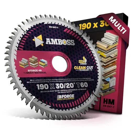 Amboss Kreissägeblatt HM 190 x 2.4/1.8 x 30 Z60 FWF - Kreissägeblätter für präzise Schnitte in Holz und Metall, hohe Vielseitigkeit und reduzierte Schnittbreite für weniger Materialverschnitt und längere Akkulaufzeit.