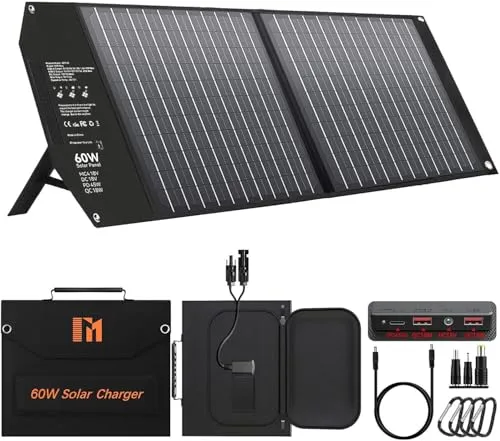 Mesuvida 60W Tragbares Solarladegerät mit PD3.0, PD45W, USB-C/A, QC3.0, 18V DC und MC4. Faltbares Solarpanel für Camping, RV,und Schnellladung für Stromstationen, Generatoren, Handys und Powerbanks