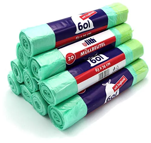 Müllbeutel mit Zugband 60L 20 Stück je Rolle 63 x 74 cm, Reißfest und flüssigkeitsdicht (10 Rollen) 200