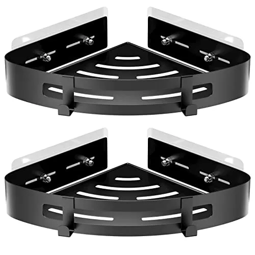 Uootach 2 Stück Duschablage Ohne Bohren, Eckablage Duschkorb Duschregal aus Aluminium mit Haken, Organizer für das Badezimmer Duschablagen, Ideal für Bäder, Küchen, Wohnräume(Schwarz)