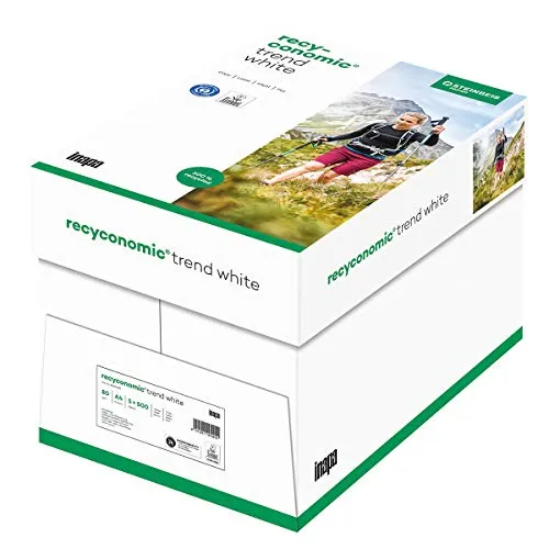 inapa Recycling-Papier Recyconomic trend white A4, 2500 Blatt - Hochwertiges Druckerpapier aus 100% Recyclingmaterial für brillante Druckergebnisse. Ideal für Bürokommunikation, mit geprüften Laufeigenschaften für staufreies Drucken. CIE-Weiße: 85, zertifiziert für professionelle Drucksysteme.