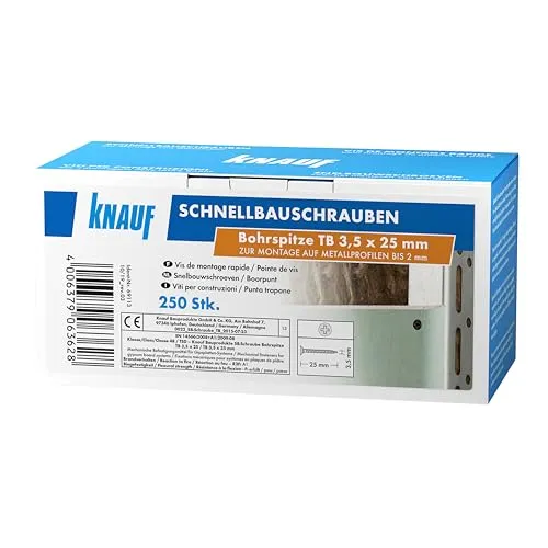 Knauf Schnellbau-Schraube TB Bohrspitze zur sicheren Fixierung von Gips-Platten auf Metall-Unterkonstruktionen bis 2-mm – Trockenbau-Schrauben, Gipsplatten-Schrauben, 3,5-mm x 25-mm (250 Stk.)