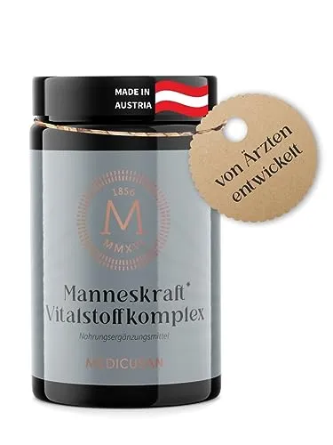 Medicusan Manneskraft Vitalstoffkomplex – 70 mg L-Arginin – 80 mg Damiana – 3.000 mg Brennnessel – 900 mg Zinnkraut – 840 mg Rosmarin – 50% NRV Zink – 2 Kapseln/Tag – 60 Kapseln/30 Tage