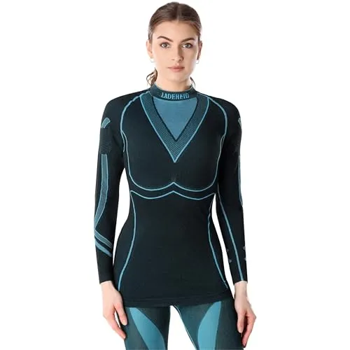Ladeheid Thermounterwäsche Damen Funktionsunterwäsche Langarm Shirt Thermoaktiv LAGI004 (Schwarz/Turquoise, L)