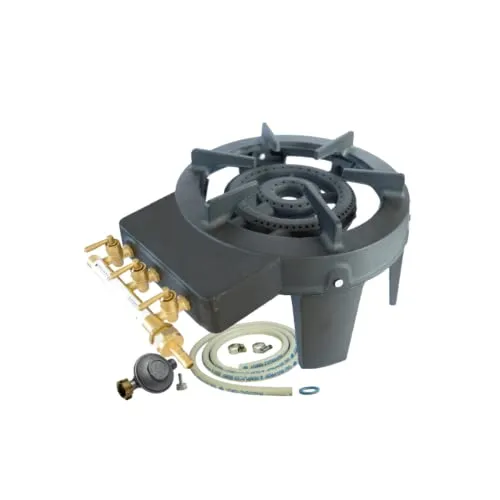 Gasherd Echtguss 9,8kW 4 Beine 3 Armaturen + Gasschlauch und Regler für Outdoor Camping Picknick Markt