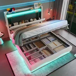 STILVORA Doppelbett 160x200 Polsterbett mit USB Type-C-Ladefunktion,Kopfteil mit LED und Ablageflächen,Jugendbett mit Bettkasten,Beige-Ohne Matratze - Beige