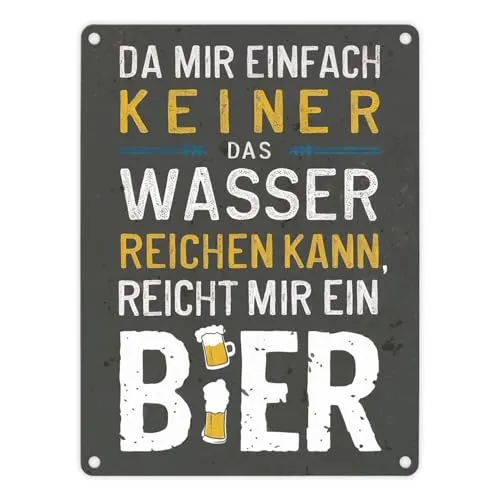 Reicht mir Bier statt Wasser Metallschild in 15x20 cm Humorvolles Wandschild mit Illustrationen perfekte Geschenkidee für Bierliebhaber mit Bierkrügen Spielerisch und lustig