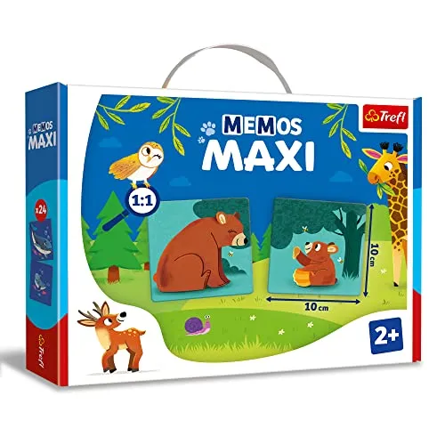Trefl - Memos Maxi-Tiere und ihre Kinder - Lernspiel für die Kleinsten, Bildpaare Finden, große Elemente und Dicker Pappe, klassisches Gedächtnisspiel für Kinder ab 2 Jahren