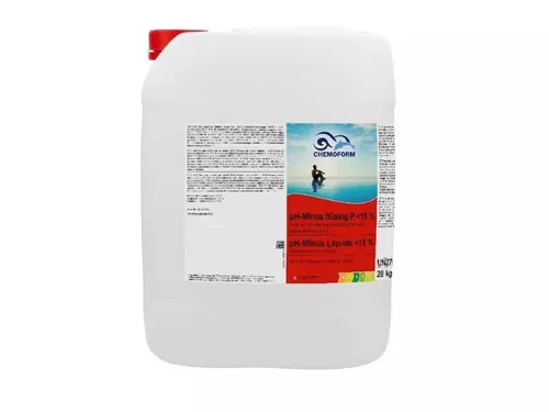 Chemoform pH-Minus flüssig 28 kg Kanister - Wasserpflegeprodukt zur pH-Wert-Regulierung, ideal für Schwimmbäder. Flüssige Lösung sorgt für eine präzise Senkung des pH-Werts und wird mit vollständigen Anweisungen geliefert.