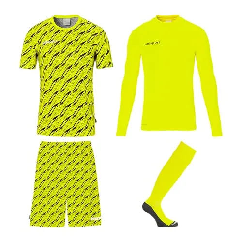 uhlsport Herren Progressive Torwart Set Trikot, Fluo Gelb/Schwarz - Komplettes Torwart-Set aus 100% recyceltem Polyester, ideal für Training und Spiele. Inklusive Shirt, Baselayer, Shorts und Stutzen für optimale Performance und Komfort.