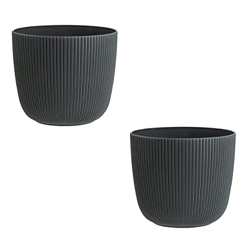 Engelland - 2 x Blumentopf mit Drainagesystem, Anthrazit-Grau, Rillenoptik, Pflanz-Topf, Kübel, modern, widerstandsfähig, rund, wetterfest, Kunststoff, Ø 21 cm, 5 Liter