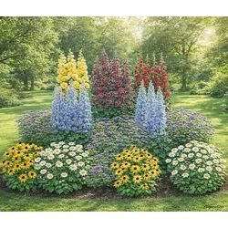 Dehner Bio Stauden-Set Bunter Landhausgarten - 12 mehrjährige Gartenstauden - Set aus 12 bewährten Bio Stauden für ein farbenfrohes Beet. Genießen Sie ein Blütenmeer von Juni bis Oktober mit Lila, Blau, Gelb, Rot und Weiß. Ideal für sonnige Standorte und nährstoffreiche Böden.