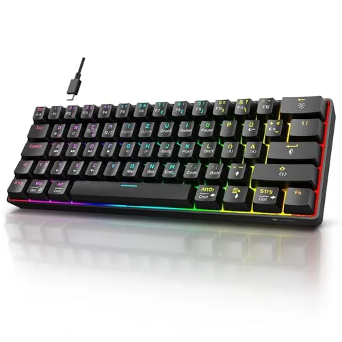 KOORUI Gaming Tastatur, 60% Mechanisch Tastatur 26 RGB Hinterleuchtet Kabelgebunden Deutsches Layout QWERTZ Gaming Keyboard für Windows MacOS Linux-Rotem Schalter