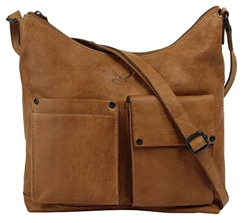 Sansibar Umhängetasche Damen 021196 cognac - Umhängetasche aus 100% Rindleder mit viel Stauraum und praktischen Fächern, ideal für den Alltag. Mit Smartphonefach und verstellbarem Schultergurt, perfekt für stilbewusste Frauen.