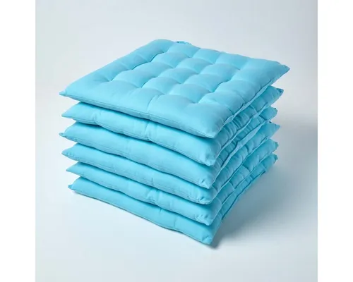 Homescapes 6er Set Stuhlkissen 40 x 40 cm, blau/hellblau - Kissen, 6er Set mit Bändern und Knopfverschluss für sicheren Halt. Aus 100% Baumwolle, ideal für hohen Sitzkomfort drinnen und draußen.