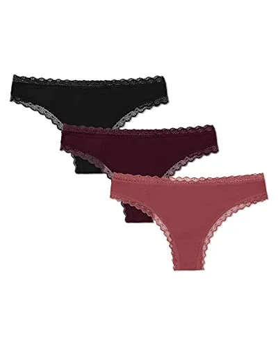 Snocks Tanga Damen mit Spitze - 3er Pack in Mauve, Weinrot und Schwarz - Funktionsunterwäsche mit perfekter Passform aus 100% Bio-Baumwolle, unsichtbar und angenehm im Tragegefühl - ideal für jeden Anlass.