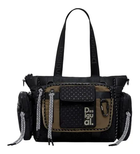 Desigual Damen Nylon Handtasche, Schwarz - Stilvolle Damen-Henkeltasche mit einfarbigem Hauptfach, Reißverschluss und praktischen Außentaschen für optimalen Komfort.