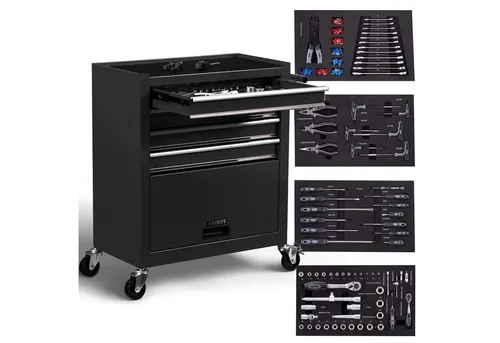 Arebos Werkstattwagen Schwarz mit 81-tlg. Werkzeug - Werkzeugschränke, perfekt ausgestattet mit 81-tlg. Werkzeug und großer Stauraum | Robuste, kratzfeste Arbeitsplatte und kugelgelagerte Schubladen für ordentliche Aufbewahrung und einfaches Handling.