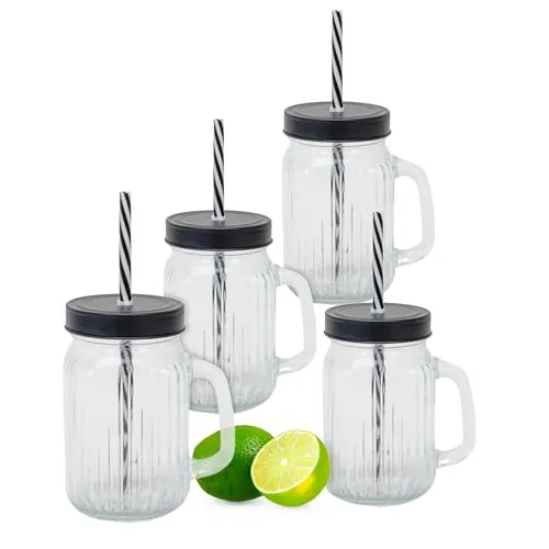 Spetebo Trinkglas 450 ml mit Deckel und Strohhalm - 4er Set - Trink Becher mit Henkel - Deckel Trink Cocktail Glas für Wasser Saft Limonade Longdrinks